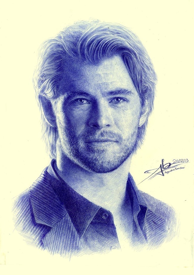 Chris Hemsworth nếu nhìn thấy bức chân dung bằng bút bi này của mình có lẽ cũng phải rơi lệ