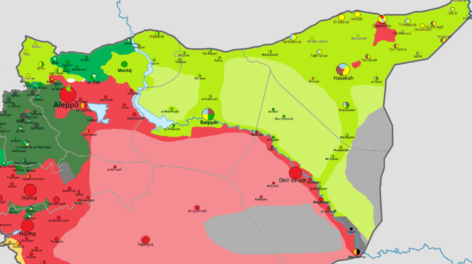 Vùng đông bắc Syria tháng 12.2017. Màu đỏ: lực lượng quân chính phủ Syria. Xanh: lực lượng SDF.