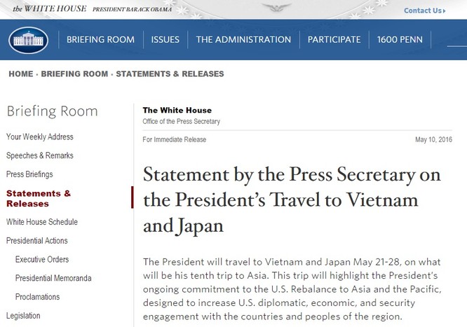 Thông báo chính thức được đăng tải trên trang mạng của Nhà Trắng.