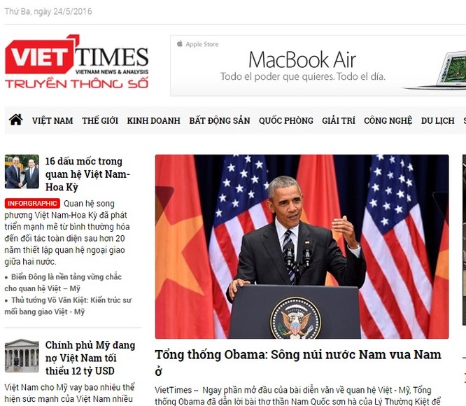 Tin tức về chuyến thăm của ông Obama xuất hiện nhiều trên các báo của Việt Nam.