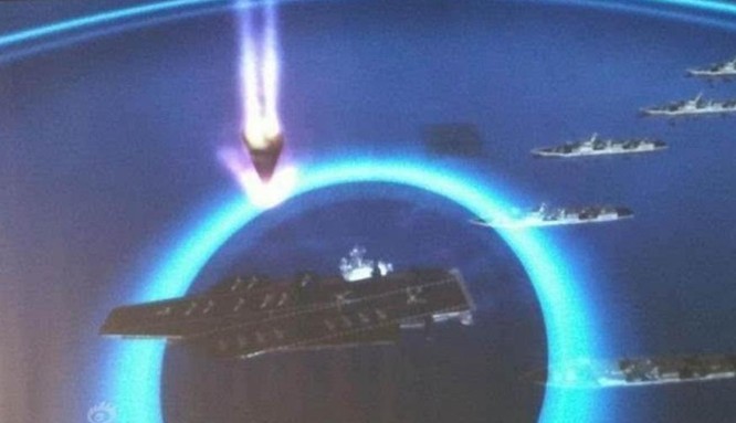 Hình ảnh mô phỏng tên lửa đạn đạo tầm trung Đông Phong-21D Trung Quốc tấn công tàu sân bay xuất hiện trên mạng. Nguồn ảnh: Sina Trung Quốc