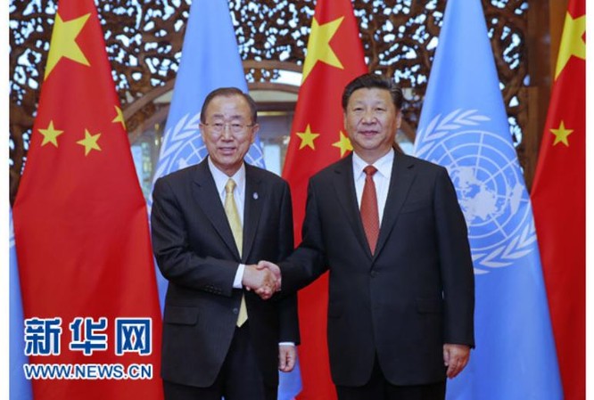 Ngày 7/7/2016, Tổng thư ký Liên hợp quốc Ban Ki-moon gặp Chủ tịch Trung Quốc Tập Cận Bình. Ảnh: Tân Hoa xã.