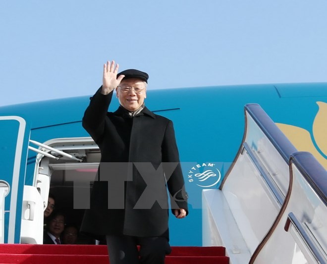 Tổng Bí thư Nguyễn Phú Trọng đến Sân bay Quốc tế Bắc Kinh. (Ảnh: Trí Dũng/TTXVN)