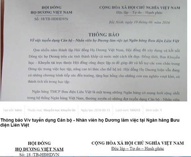 Thông báo tuyển người của ngân hàng Liên Việt