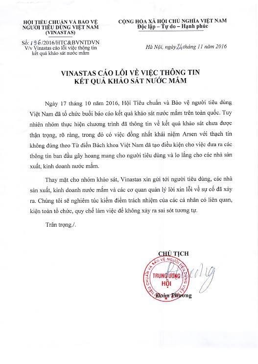 Văn bản xin lỗi của Vinastas