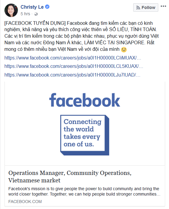 Tân CEO Facebook Việt Nam đăng tuyển nhân sự làm việc tại Singapore ảnh 1
