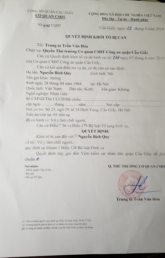 Quyết định khởi tố bị can với bà Nguyễn Bích Quy