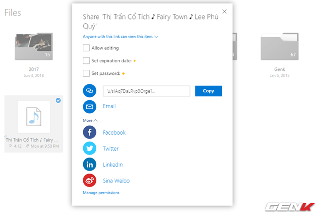 Khi đó trình duyệt web sẽ mở ra và truy cập đến tập tin trong tài khoản OneDrive của bạn, kèm theo đó là cửa sổ lựa chọn chia sẻ sẽ xuất hiện để bạn chọn sử dụng.