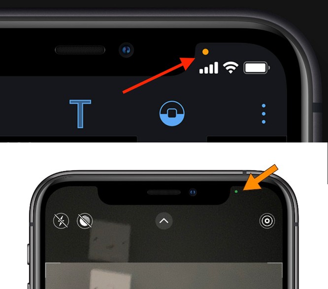 Dấu chấm cam (phía trên) và dấu chấm xanh (bên dưới) iPhone chạy iOS 14.