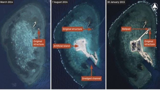Ảnh vệ tinh chụp Đá Gaven vào các thời điểm 30/3/2-14, tháng 8/2014 và 30/1/2015 ảnh: IHS Jane’s 