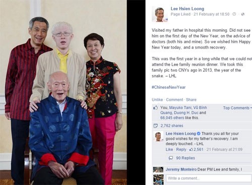 Tiết lộ lần đầu về tình trạng sức khỏe của cha mình trên Facebook của thủ tướng Lý Hiển Long - Ảnh chụp trang Facebook Lee Hsien Loong