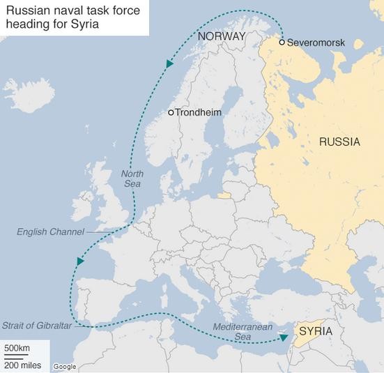Hành trình đến Địa Trung Hải của cụm chiến đấu tàu sân bay Kuznetsov Hải quân Nga. Ảnh: BBC