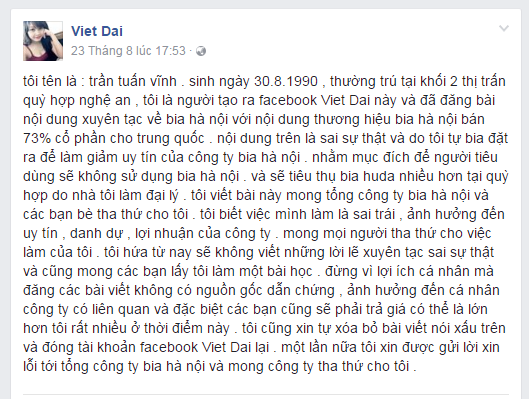Nội dung xin lỗi của anh Trần Tuấn Vĩnh đăng lên Facebook Viet Dai về việc tung tin sai sự thật.