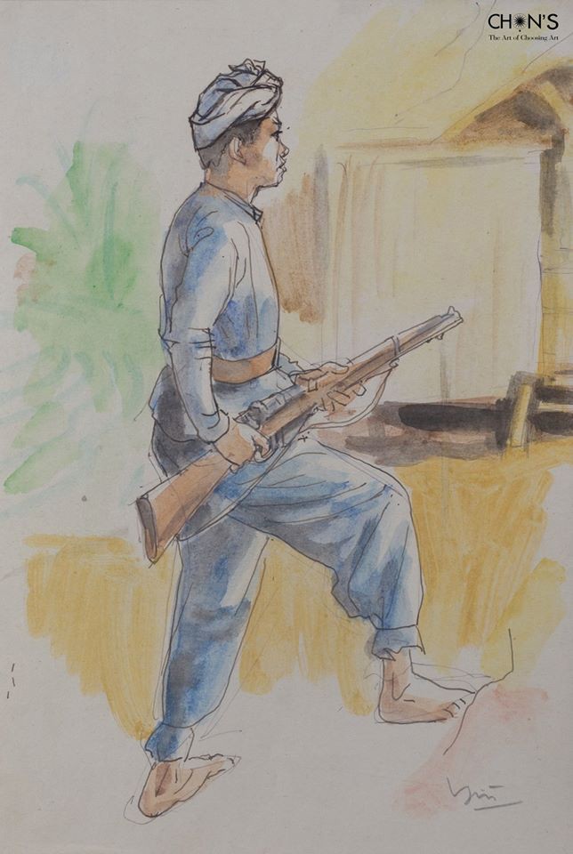 “Người chiến sĩ” - màu nước (kích thước 32.5 x 22 (cm), họa sĩ Lưu Văn Sìn