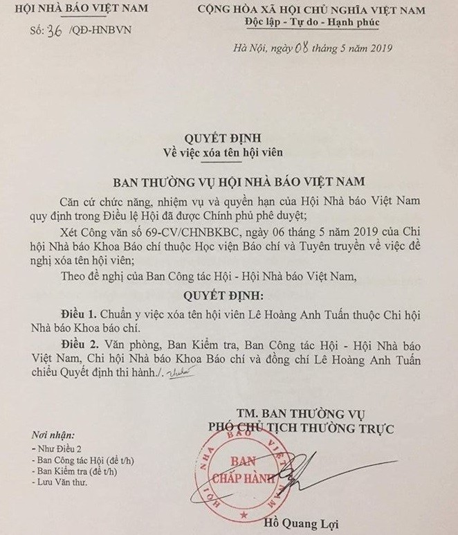 “Nhà báo quốc tế” Lê Hoàng Anh Tuấn chưa được nhận thẻ đã bị xóa tên khỏi Hội Nhà báo Việt Nam ảnh 1