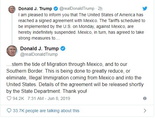 Đoạn tweet thông báo về thỏa thuận của ông Trump (Ảnh: FoxNews)