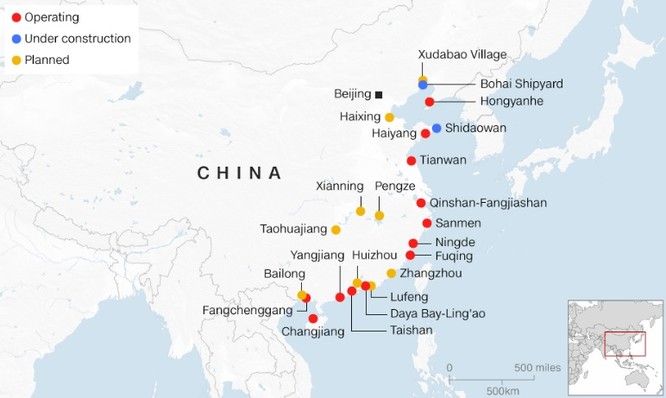 Các nhà máy điện hạt nhân đang vận hành (đỏ), đang được xây dựng (xanh) và đã lên kế hoạch xây dựng ở Trung Quốc (Ảnh: CNN)