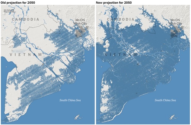 Bức ảnh so sánh tầm ảnh hưởng của nước biển dâng ở miền Nam Việt Nam trong nghiên cứu cũ và nghiên cứu mới (Ảnh: NYTimes)