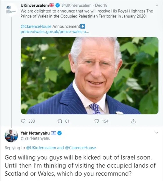 Đoạn bình luận chỉ trích Thái tử Charles mà Yair Netanyahu đăng tải trên Twitter (Ảnh: Twitter)