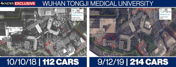Hình ảnh vệ tinh cho thấy lưu lượng xe ở bệnh viện Tongji, Vũ Hán ngày 10/10/2018 và ngày 12/9/2019 (Ảnh: ABC News)