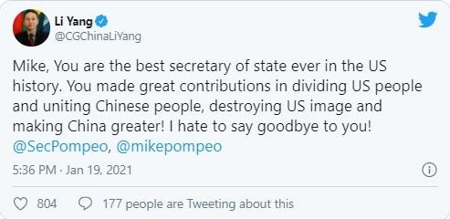 “Chiến lang” Trung Quốc đồng loạt chế giễu Ngoại trưởng Mike Pompeo trên Twitter ảnh 1