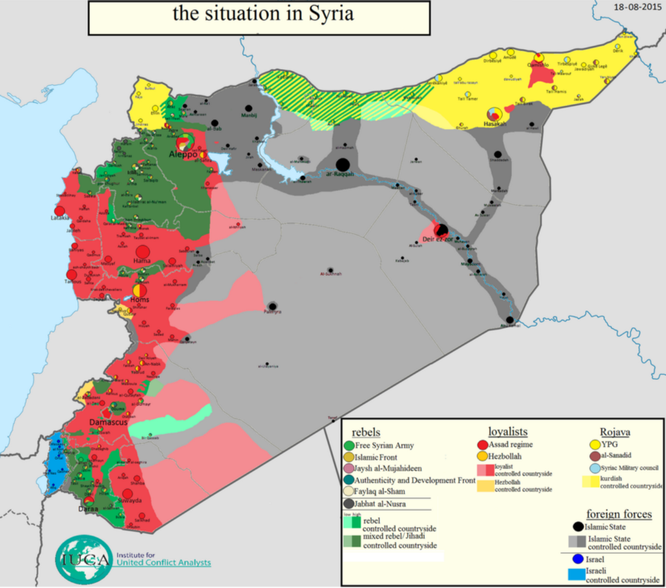 Bản đồ khu vực quân chính phủ Syria bị bao vây tháng 8.2015. Màu đỏ: quân chính phủ Syria. Màu đen xám: các vùng IS đóng quân và kiểm soát.