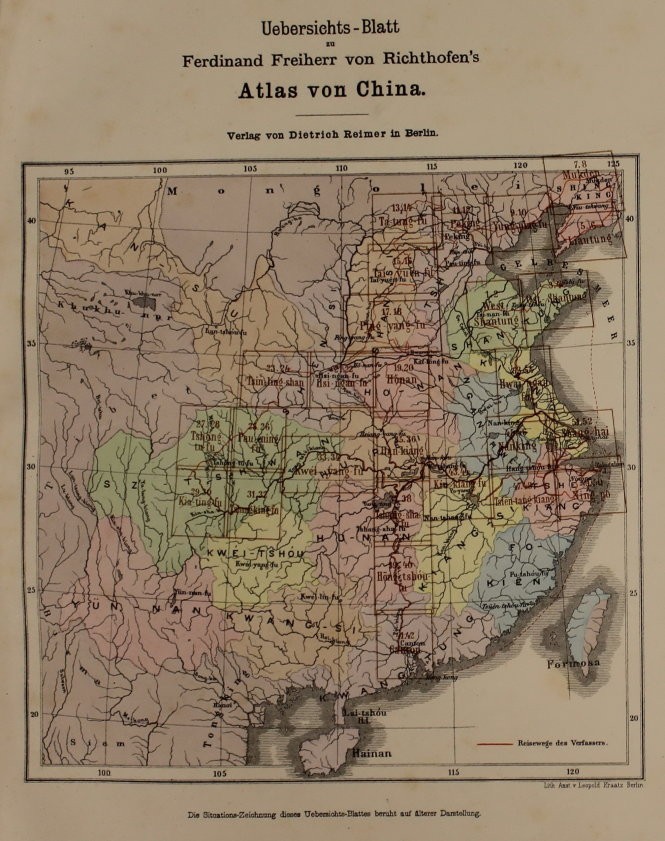Bản đồ tổng thể Trung Quốc in ở đầu tập I bộ “Atlas von China” chỉ vẽ lãnh thổ Trung Quốc đến đảo Hải Nam - Ảnh: T.Đ.A.S.