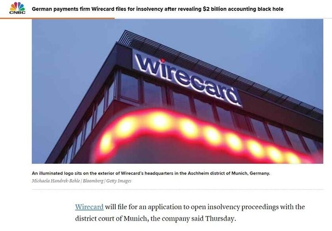 Hãng tin CNBC đưa tin Wirecard phá sản, với ảnh chụp trụ sở Wirecard tại Đức