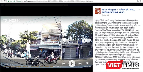 Thông báo truy tìm đối tượng đứng trên yên điều khiển xe máy được phát đi từ trang facebook của Phòng Cảnh sát giao thông CATP Đà Nẵng.