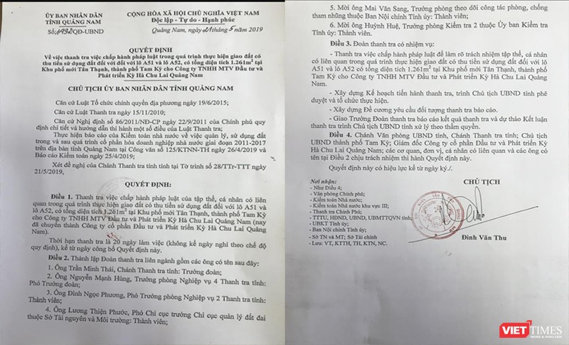 Quyết định thành lập Đoàn Thanh tra liên ngành của UBND tỉnh Quảng Nam để tiến hành tranh tra các vấn đề pháp lý liên quan đến đô đất A51 và A52 hiện do vợ của nguyên Bí thư Tỉnh ủy Quảng Nam sở hữu.