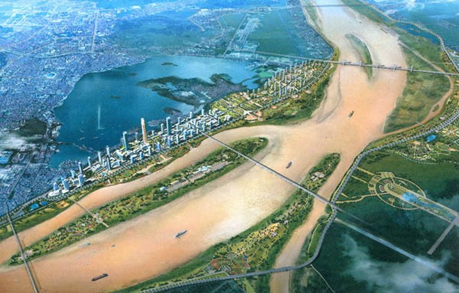 Phối cảnh quy hoạch thành phố Hà Nội dọc hai bên sông Hồng.