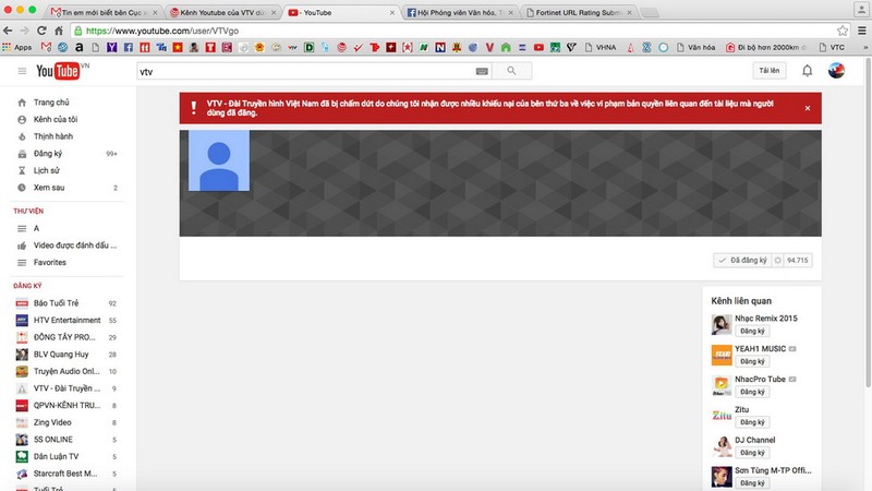 Kênh YouTube của VTV dừng hoạt động do vi phạm bản quyền