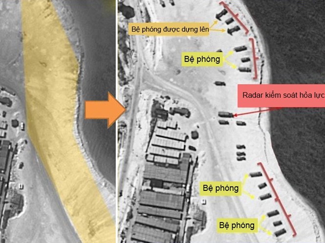 Hình ảnh chụp từ vệ tinh tại Phú Lâm trước và sau khi Trung Quốc triển khai tên lửa - Ảnh: Fox News/Đồ họa: