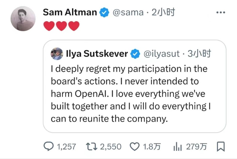 Sam Altman đăng lại bản tweet "hối hận" của Ilya Sutskever (Ảnh: X). Sam dang lai tweet cua Illya.jpg