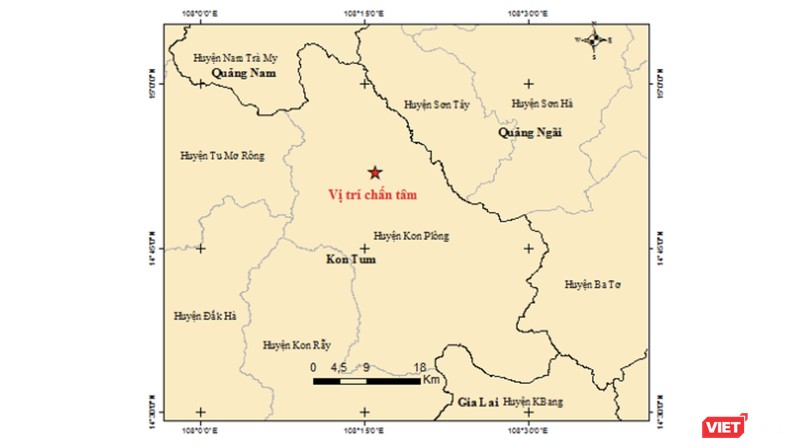 Vị trí trận đông đất xảy ra sáng ngày 14/3, tại khu vực giáp ranh giữa tỉnh Quảng Nam và Kon Tum