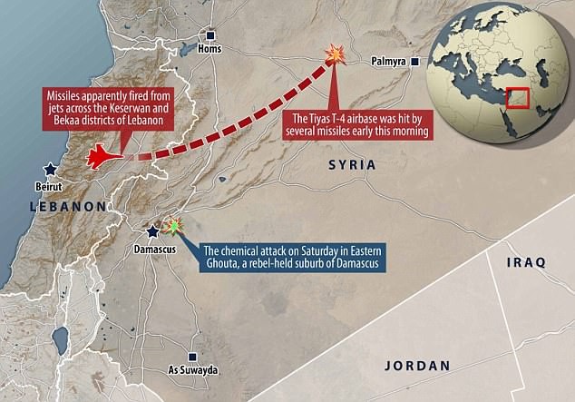 Sơ đồ vụ tấn công của chiến đấu cơ Israel vào căn cứ không quân Syria sáng 9/4