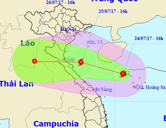 Dự kiến bão số 4 sẽ độ bộ vào các tỉnh Nghệ An - Quảng Bình. Ảnh: NCHMF.
