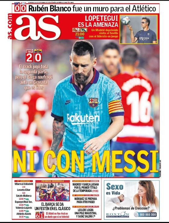"Ni Con Messi" - "Hình như không có Messi" trong trận Barca gặp đội bóng mới lên hạng Granada.