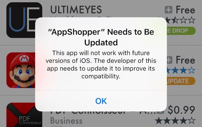 Ứng dụng 32-bit không tương thích với iOS 11 (ảnh Mac Rumors)