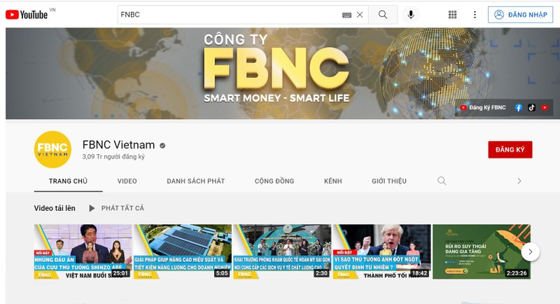 Nền tảng YouTube của công ty FBNC. (Ảnh chụp màn hình)