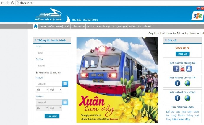 Giao diện trang website bán vé tàu của ngành Đường sắt Việt Nam.
