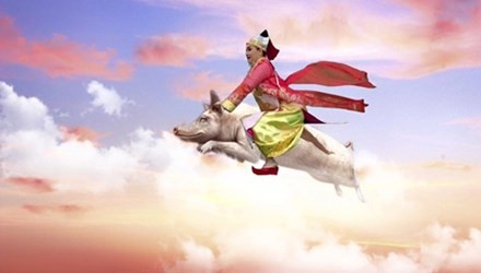 Hình ảnh Vân Dung cưỡi heo lên chầu trời được cô chia sẻ trên Fanpage cá nhân.