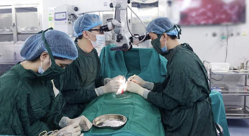 Các bác sĩ của Bệnh viện Nam học và Hiếm muộn Hà Nội phẫu thuật vi phẫu tinh hoàn tìm tinh trùng – Micro TESE (Ảnh - BVCC)