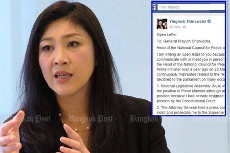 Bà Yingluck Shinawatra và thư ngỏ trên trang Facebook cá nhân của bà. Nguồn: Bangkok Post