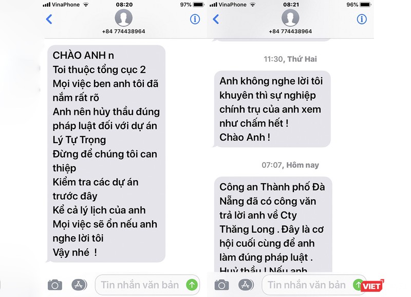 Tin nhắn đe dọa được gửi đến ông Nguyễn Hữu Hinh - Giám đốc Ban QLDA Đầu tư xây dựng các công trình công nghiệp và dân dụng TP Đà Nẵng
