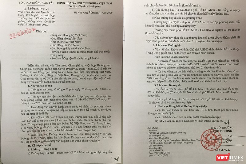 Văn bản chỉ đạo cỉa Bộ GTVT đối với các chuyến bay từ Hà Nội/TP HCM đến Đà Nẵng từ 23/4