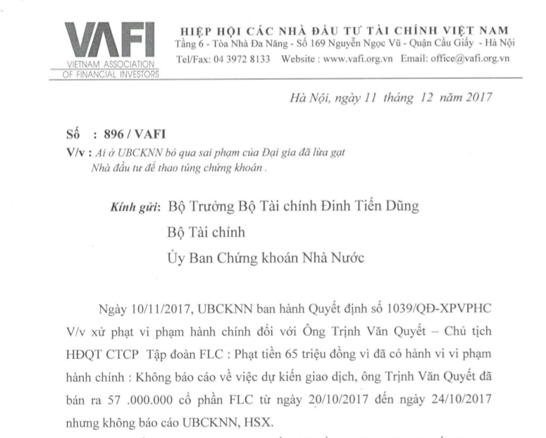 Văn bản của VAFI gửi Bộ trưởng Bộ Tài chính