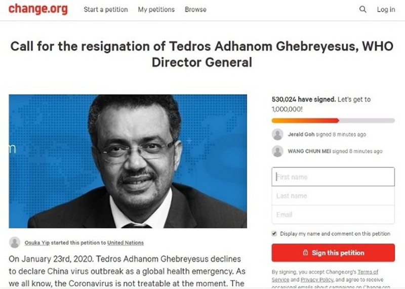 Bức thư kiến nghị ông Tedros Adhanom từ chức Tổng giám đốc WHO đã thu được hơn 530 ngàn chữ ký ủng hộ (Ảnh: Đông Phương).
