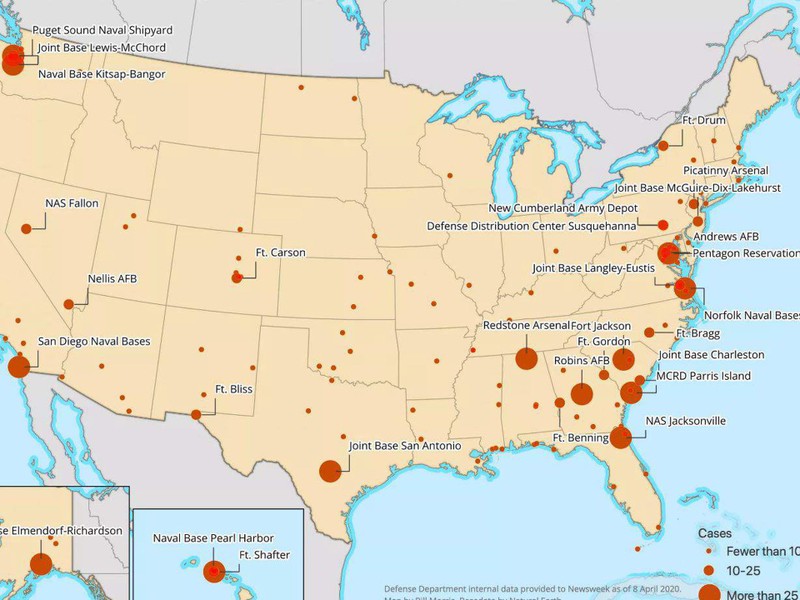 Bản đồ về tình hình dịch bệnh COVID-19 tại các căn cứ quân sự Mỹ (Ảnh: Newsweek).