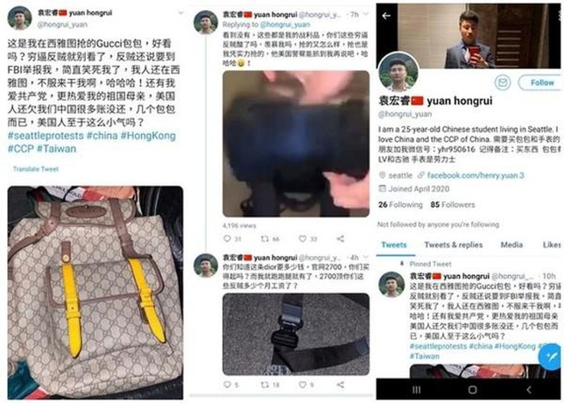 Viên Hồng Nhuệ khoe chiếc túi Gucci cướp được khi tham gia biểu tình cùng những người da đen (Ảnh: Twitter).